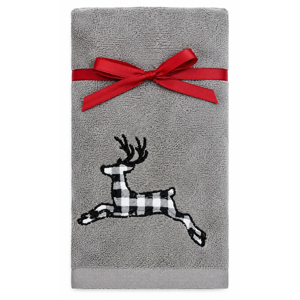 Avanti Reindeer Christmas Fingertip Towels Embroidered Buffalo Check Set of 2